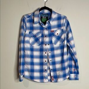 DIXXON | Women’s Blue & White Plaid Pearl Snap Flannel Shirt Size Medium